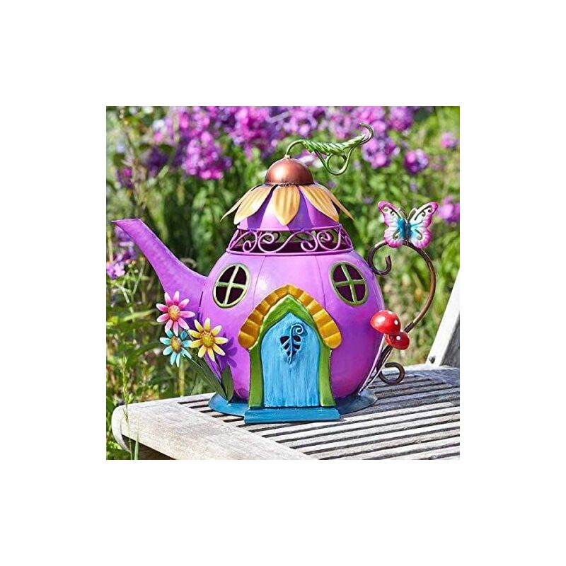 Novelty Garden Ornaments Waterproof Fairy House Outdoor Decoration Fun Metal Hand Painted Decor Weatherproof (Teapot Studio)