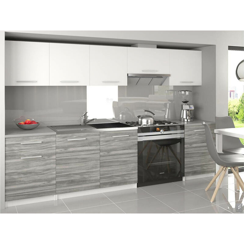 

NOVIA | Cocina lineal modular completa L 240/180 cm 7 piezas | Plan de trabajo INCLUIDO | Conjunto de armario de muebles de cocina - Blanco/Plata
