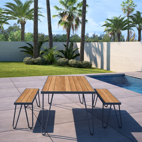 main image of "Novogratz Paulette Poolside Outdoor Patio Dining Table and Bench Set Charcoal"