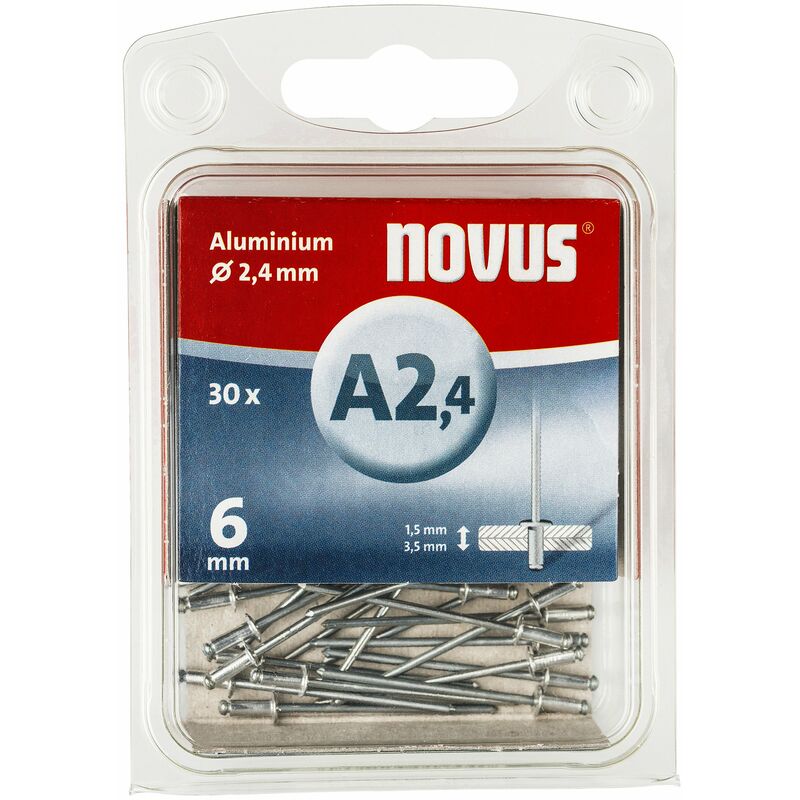 Image of Novus - a 2,4 rivetti ciechi in alluminio con 6 mm lunghezza, 30 rivetti ciechi con 2,4 mm ø e 1,5 – 3,5 mm lunghezza, ottimale Niet di serraggio per