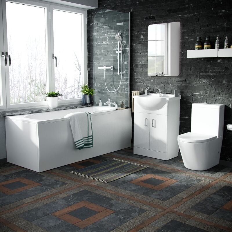 Nox Staright Bath, Close Coupled Toilet, Slider Rail Thermostatic Shower, Basin Flat Pack Vanity Unit, Tap Set & Wastes White