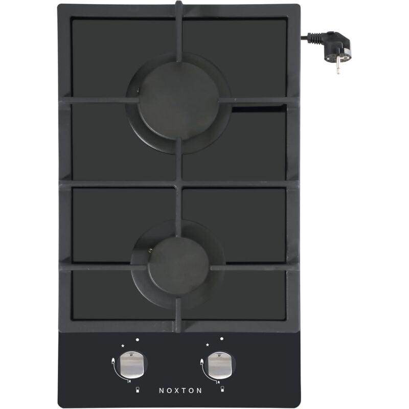 Noxton - Table de cuisson à gaz 2 brûleurs, plaque de cuisson à gaz en verre intégrée avec prise, support de casserole en fonte, protection contre