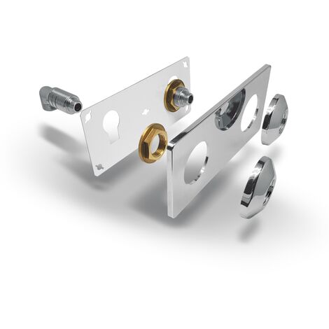 Noyon & Thiebault – Platine double sous-lavabo 120mm – Entrée coude M3/4 – Sortie M3/8 – Cache ABS chromé pour finition esthétique