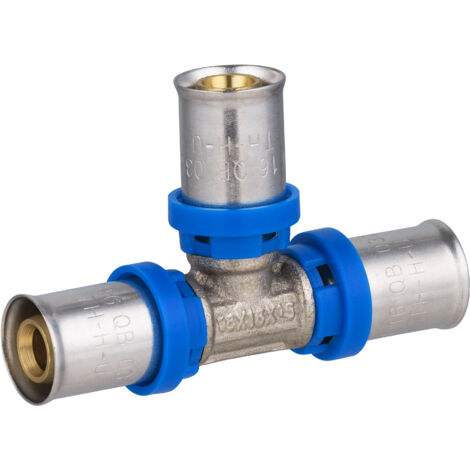 Noyon & Thiebault – Té égal à sertir pour tube multicouche Ø16 – Raccord en inox avec bague HDPE – Étanchéité renforcée avec joints EPDM – Conforme norme NF
