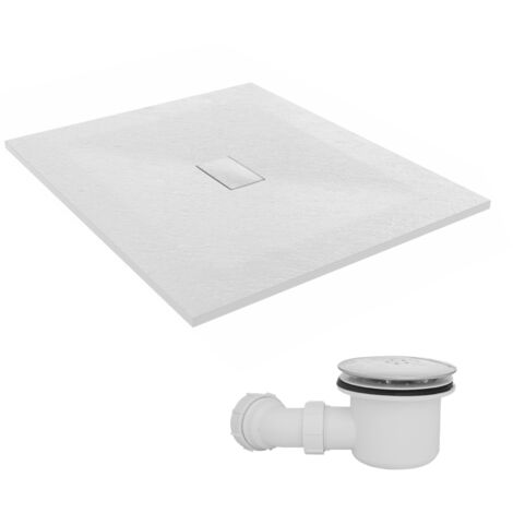 NRG 1200 x 1000mm SMC White Rectangle Slate Effect Bathroom Shower Tray & Fluidmaster Fast Flow Waste Trap