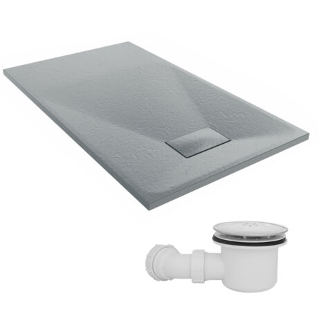 NRG 1200 x 700mm SMC Anthracite Rectangle Slate Effect Bathroom Shower Tray & Fluidmaster Fast Flow Waste Trap