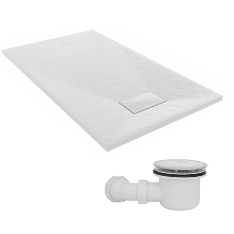 NRG 1200 x 700mm SMC White Rectangle Slate Effect Bathroom Shower Tray & Fluidmaster Fast Flow Waste Trap