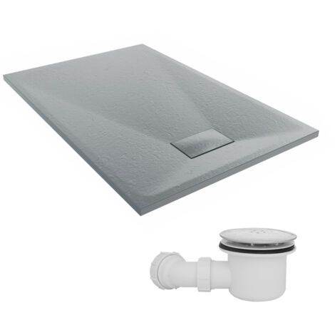 NRG 1200 x 800mm SMC Anthracite Rectangle Slate Effect Bathroom Shower Tray & Fluidmaster Fast Flow Waste Trap