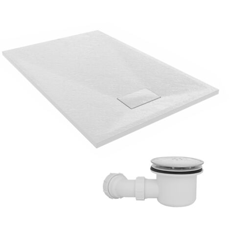 NRG 1200 x 800mm SMC White Rectangle Slate Effect Bathroom Shower Tray & Fluidmaster Fast Flow Waste Trap
