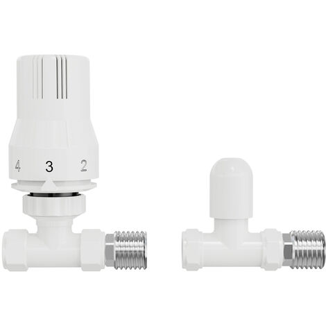 NRG 15mm X 1/2" Thermostatic TRV White Bathroom Radiator Towel Rail Straight Valves