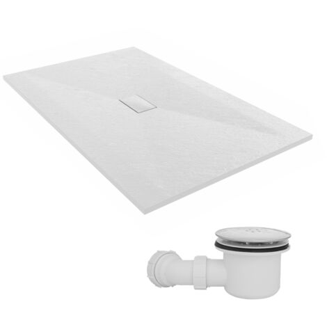 NRG 1600 x 1000mm SMC White Rectangle Slate Effect Bathroom Shower Tray & Fluidmaster Fast Flow Waste Trap