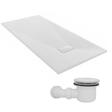 NRG 1700 x 800mm SMC White Rectangle Slate Effect Bathroom Shower Tray & Fluidmaster Fast Flow Waste Trap