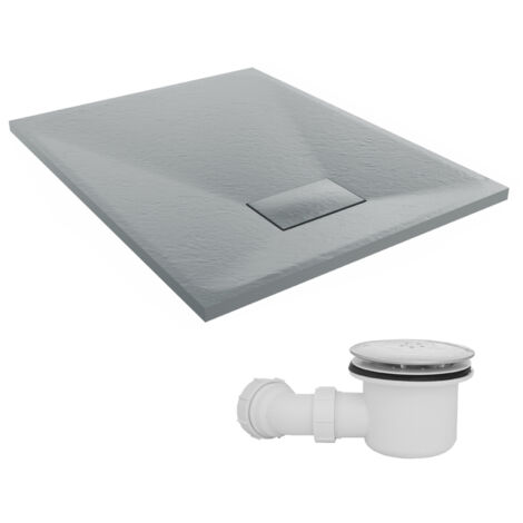 NRG 900 x 700mm SMC Anthracite Rectangle Slate Effect Bathroom Shower Tray & Fluidmaster Fast Flow Waste Trap