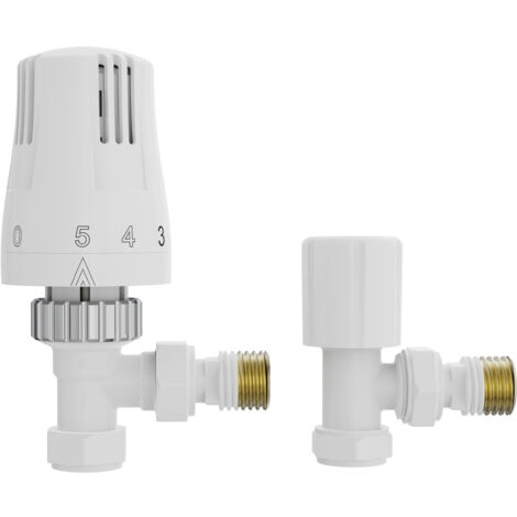 NRG Angled White Thermostatic Radiator Valves 1/2"x15mm TRV & Lockshield One Pair