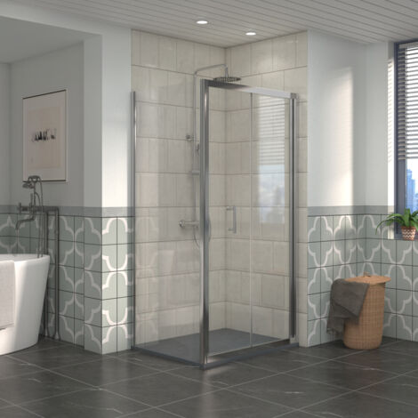 NRG Bathroom Bi- Fold Shower Door Chrome Framed + Side Panel, 900 x 900mm Shower Enclosures with Anthracite SMC Square Shower Tray