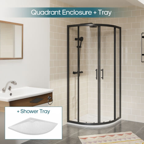 NRG Black Quadrant Shower Enclosure Sliding Door Easy Clean Glass 800 x 800mm & White Shower Tray