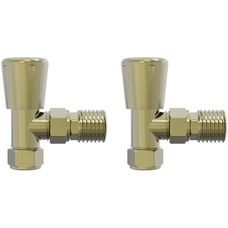 NRG Brushed Brass Round Head Angled Manual Radiator Valves Pair
