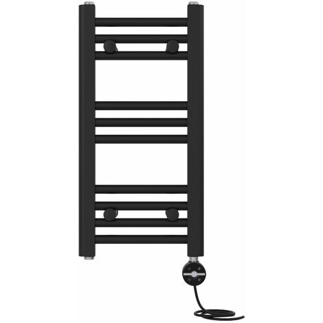 NRG Prefilled Thermostatic Electric Straight Heated Towel Rail Radiator 600 X 300mm Black