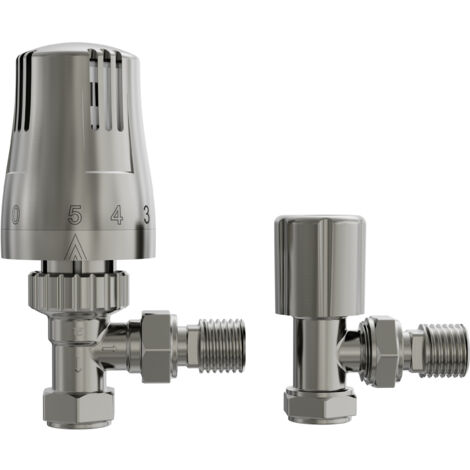 NRG Satin Nickel Thermostatic Angled TRV & Lockshield Radiator Valves Set 1/2"x15mm