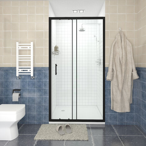 NRG Sliding Shower Door Enclosure Walk In Glass Screen Panel Matte Black Framed 1100 x 1900mm