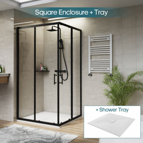 NRG Square Black Sliding Doors Corner Entry Shower Enclosure Bathroom Cubicle 1000 x 1000mm & White Shower Tray