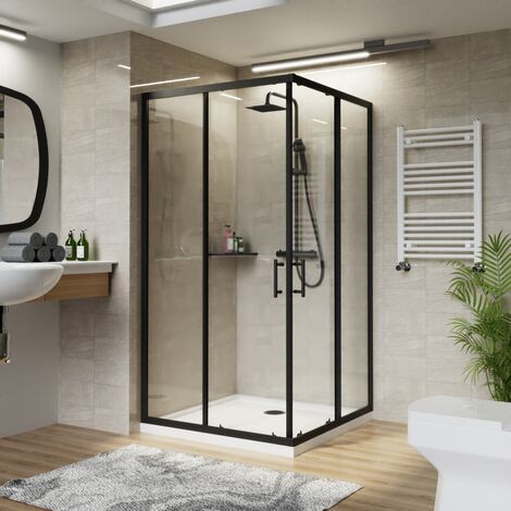 NRG Square Black Sliding Doors Corner Entry Shower Enclosure Bathroom Cubicle 900 x 900mm