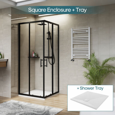 NRG Square Black Sliding Doors Corner Entry Shower Enclosure Bathroom Cubicle 900 x 900mm & White Shower Tray
