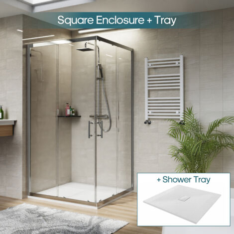 NRG Square Corner Entry Shower Enclosure with Sliding Doors Bathroom Cubicle 1000 x 1000mm & White Shower Tray