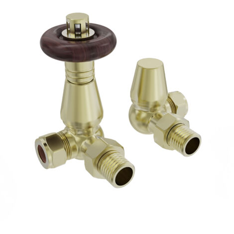 NRG Traditional Antique Design Brushed Brass TRV & Lockshield Corner Radiator Valves 1/2"x15mm Set