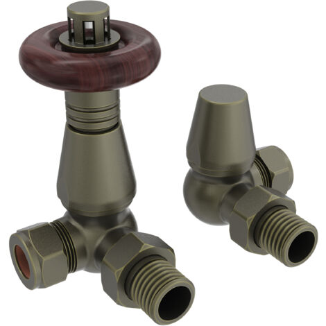 NRG Traditional Thermostatic Antique Brass TRV & Lockshield Corner Radiator Valves 1/2"x15mm Set