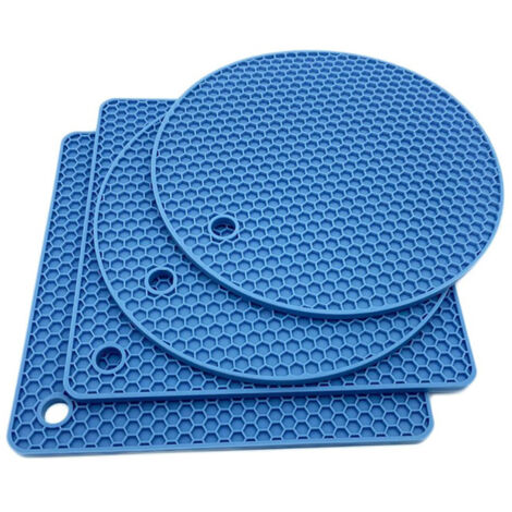 Nsihing Lot 4 dessous-de-plat en silicone bleu (2 ronds 2 carrés), alimentaire, antidérapant, pliable, résistant chaleur