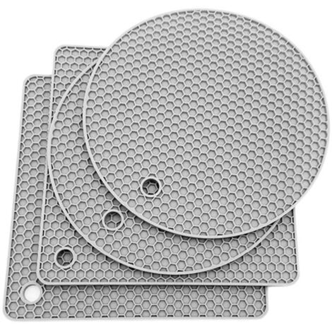 Nsihing Lot 4 dessous-de-plat en silicone gris (2 ronds 2 carrés), alimentaire, antidérapant, pliable, résistant chaleur