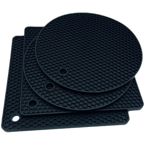 Nsihing Lot 4 dessous-de-plat en silicone noir (2 ronds 2 carrés), alimentaire, antidérapant, pliable, résistant chaleur