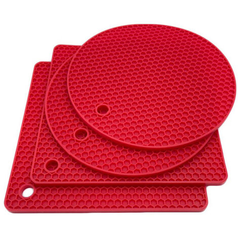 Nsihing Lot 4 dessous-de-plat en silicone rouge (2 ronds 2 carrés), alimentaire, antidérapant, pliable, résistant chaleur