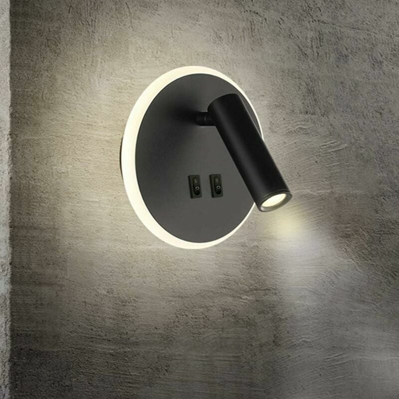 NtérieurLampeLampe de chevetFeux de chevet led, Lampe murale hotel intérieur, Lampe murale couloir avec pnterrupteur - Noir 3W + 8W (Rond)