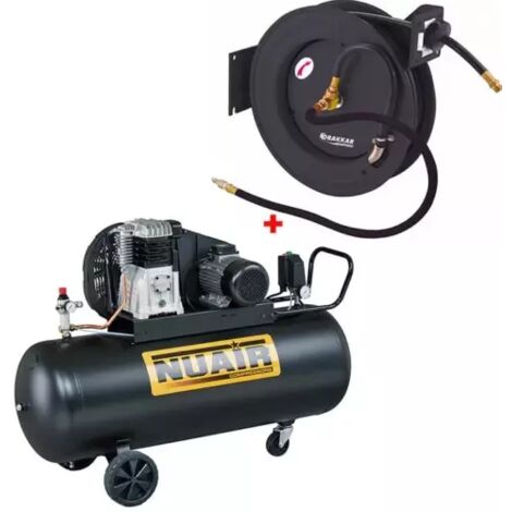 Nu Air – Compresseur d'air à piston 200 litres – Débit 24 m³/h – Pression max 20 bar – Enrouleur automatique 20 mètres – 3 CV pour professionnels