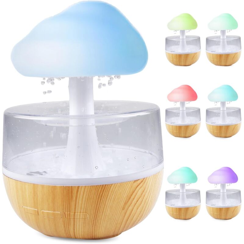 Nuages de pluie Humidificateur avec veilleuse : fontaine à eau nuageuse 3 en 1, diffuseur d'huiles essentielles, 7 couleurs veilleuse, bureau, table
