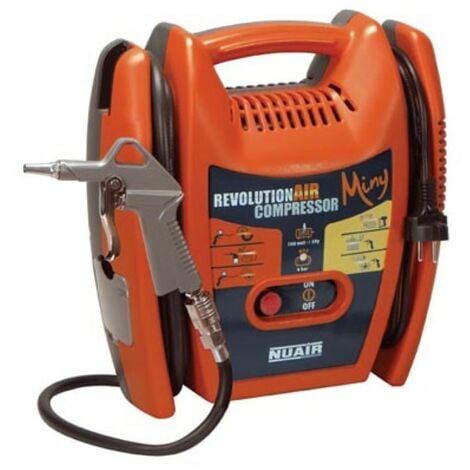 MECAFER NUAIR Compresseur, modèle Miny, sans huile, portable, léger, 1.5 ch, 1100 W, 8 bar, 180 l/min débit d’air, avec tuyau et pistolet à air pour gonflage et petits travaux