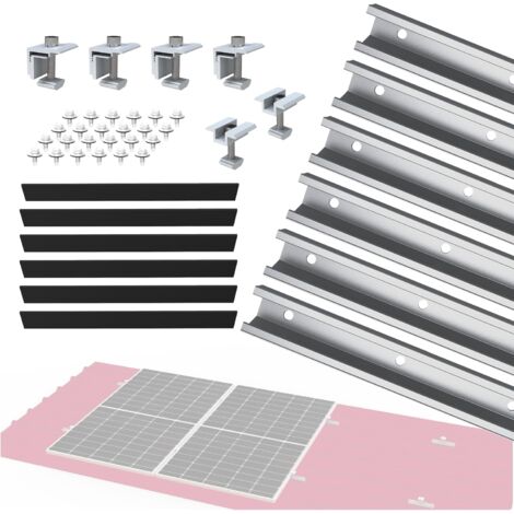 Nuasol – Kit de montage toiture tôle trapézoïdale pour 2 panneaux solaires – Aluminium AL6005-T5 – Charge vent 30 m/s – Contenu : 6 rails, 4 pinces, 18 vis