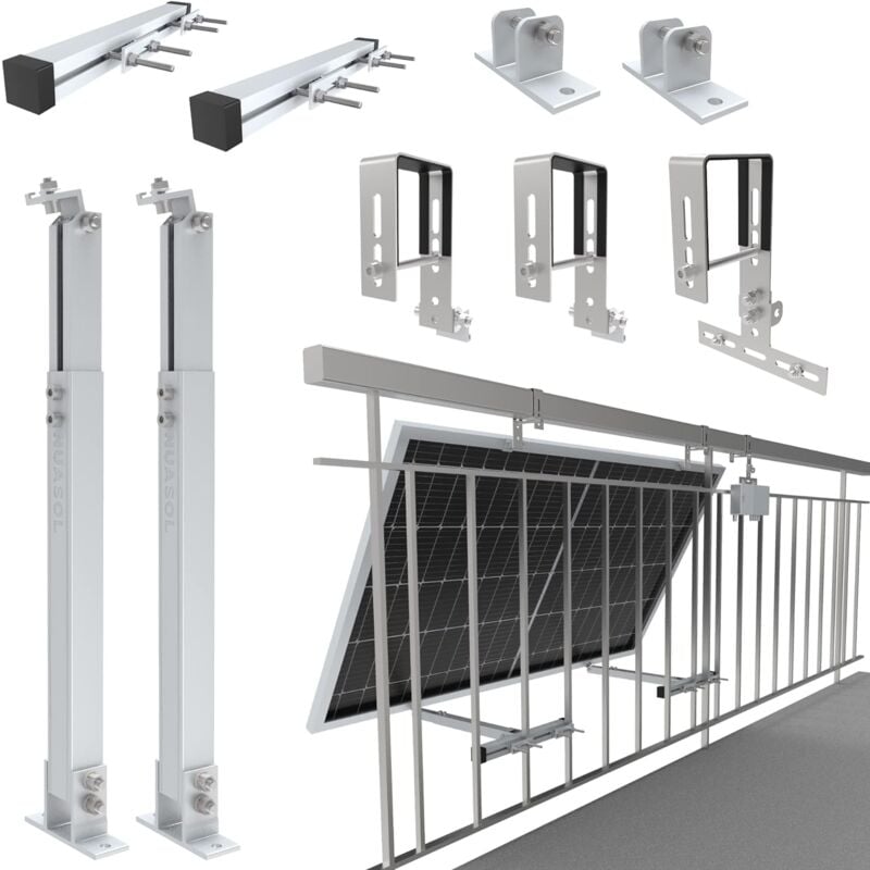 Nuasol - Support de balustrade de balcon pour 1 panneau solaire et un onduleur photovoltaïque carré kit angle d'inclinaison 0° & 25-45° largeur de