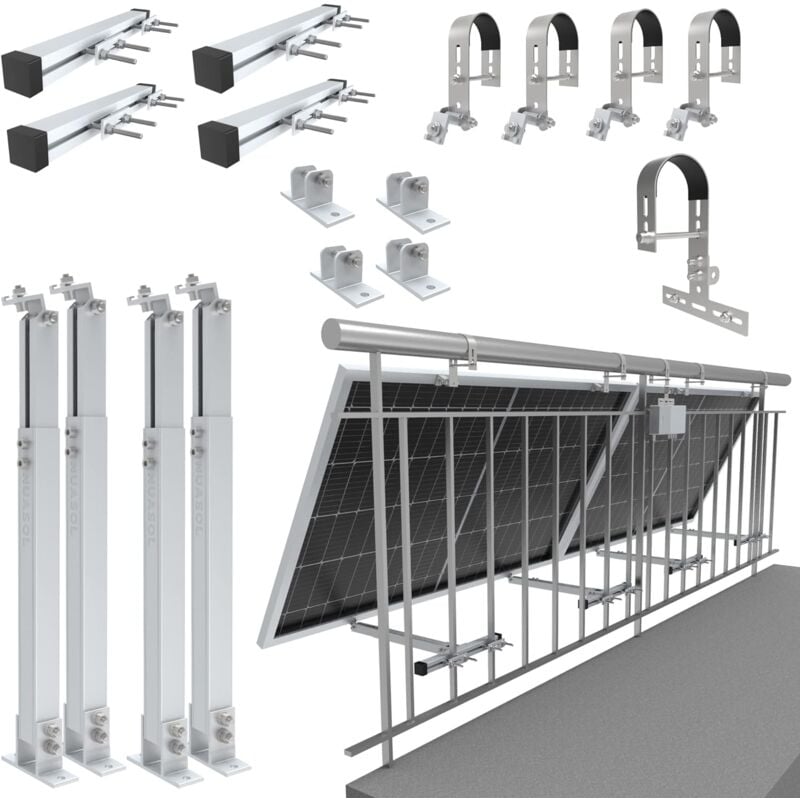 Support de balustrade pour balcon - Fixation pour 2 panneaux solaires et un onduleur photovoltaïque - Rond - Set - Angle d'inclinaison 0° et 25-45°