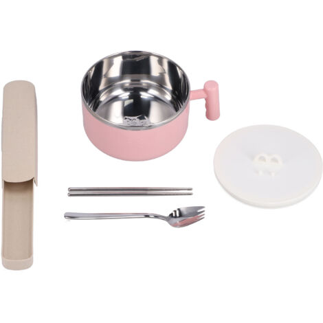 Nudelschüssel-Set aus Edelstahl mit Deckel, tragbarer Lebensmittelbehälter zur Aufbewahrung von Suppen und Snacks (rosa Geschirr)