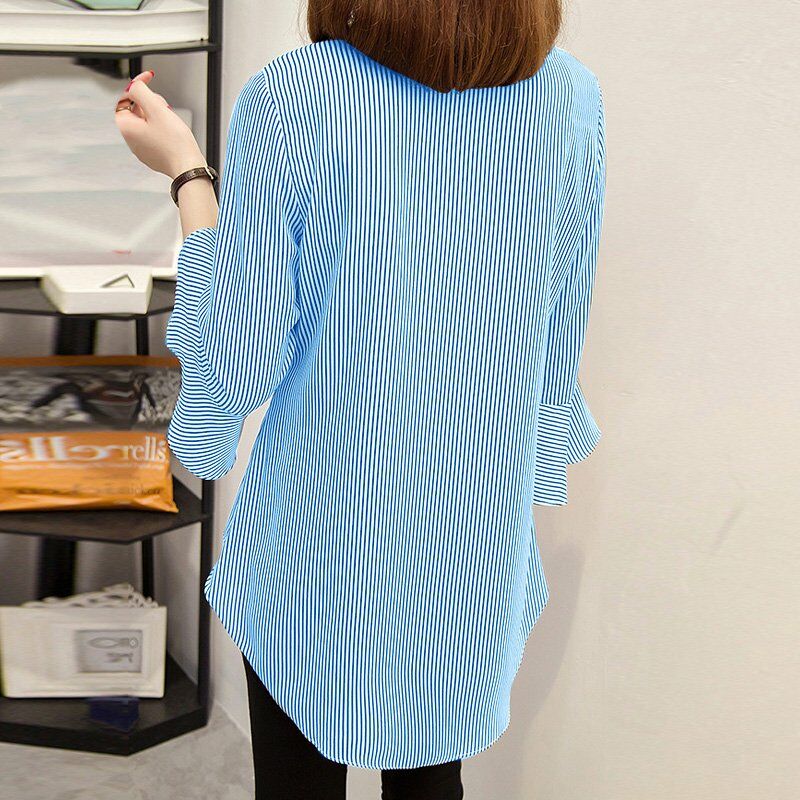 

Nueva blusa a rayas para mujer, mangas acampanadas, cuello en V, dobladillo alto-bajo, cintura elastica, elegante, camisa larga, sueter
