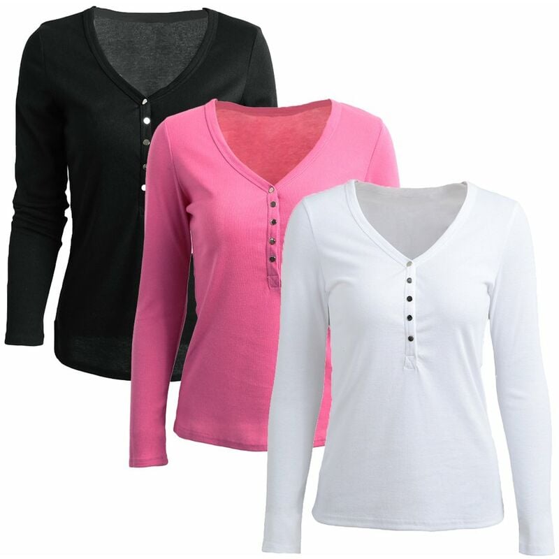 

Nueva camiseta de moda para mujer Botones con cuello en V profundo Manga larga Color solido Delgado Sexy Casual Tops Camisetas