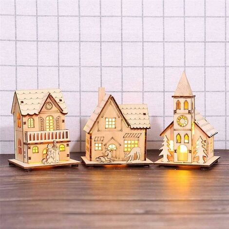 Nueva iglesia rústica de madera con led, escena de pueblo navideño de madera de bricolaje, para iluminar las decoraciones navideñas 2020 el taller navideño, con regalos de escena de pueblo iluminado (
