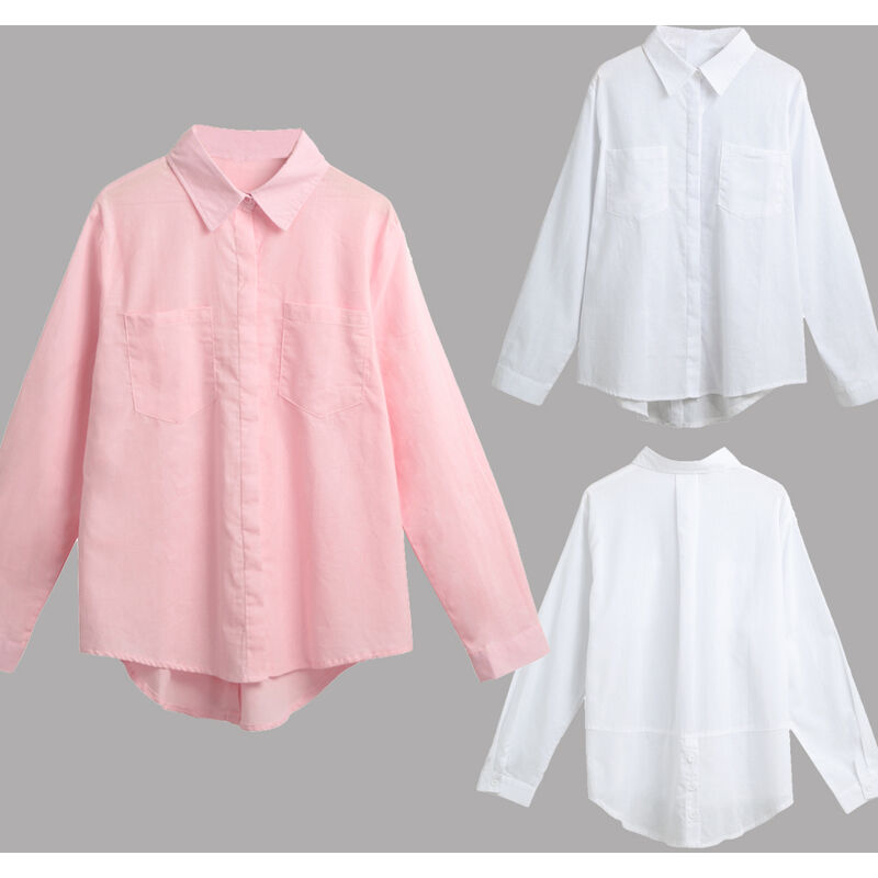 

Nueva moda mujer camisa suelta solido cuello vuelto manga larga bolsillo blusa casual tops blanco / rosa,Blanco, XXXL