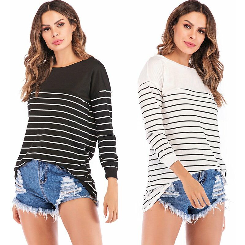 

Nueva moda mujer camiseta a rayas cuello redondo manga larga asimetrica camiseta larga negro / blanco