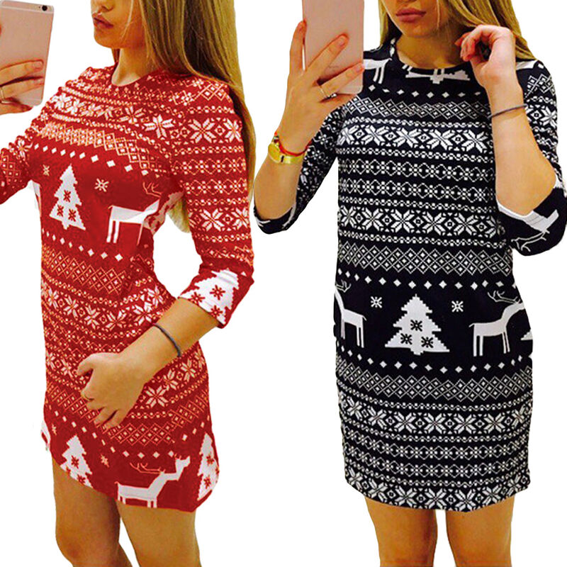 

Nuevas mujeres Otoño Invierno Mini vestido Estampado navideño Santa Reno arbol Copo de nieve Vestido casual de Navidad Rojo / Negro, Negro, XL