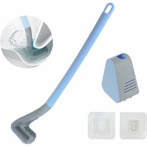 Nuevo cepillo de inodoro de golf de mango largo, cepillo y soporte de silicona de 360 grados, cepillo de limpieza flexible, cepillo de inodoro montado en la pared del hogar (azul)