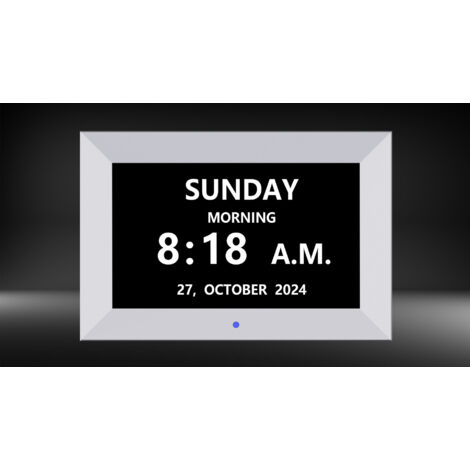 Nuevo reloj digital blanco de 7 pulgadas con soporte para tarjeta SD, reproducción de vídeo, visualización de calendario, configuración de alarma y funciones de recordatorio.